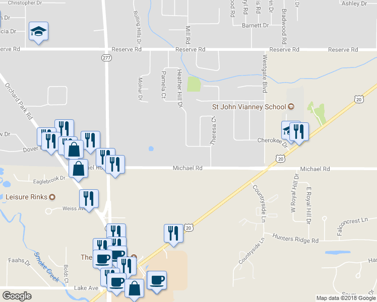 map of restaurants, bars, coffee shops, grocery stores, and more near 77 Heather Hill Drive in Buffalo