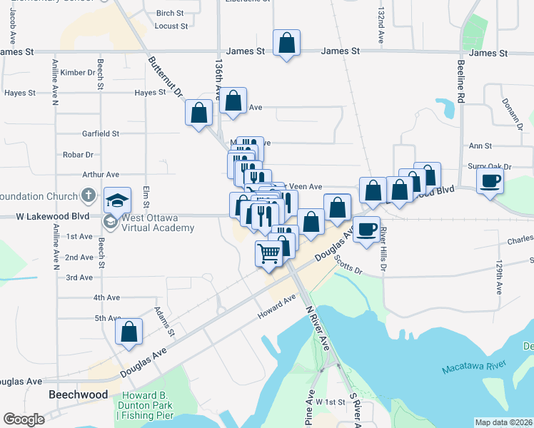 map of restaurants, bars, coffee shops, grocery stores, and more near 147 West Lakewood Boulevard in Holland