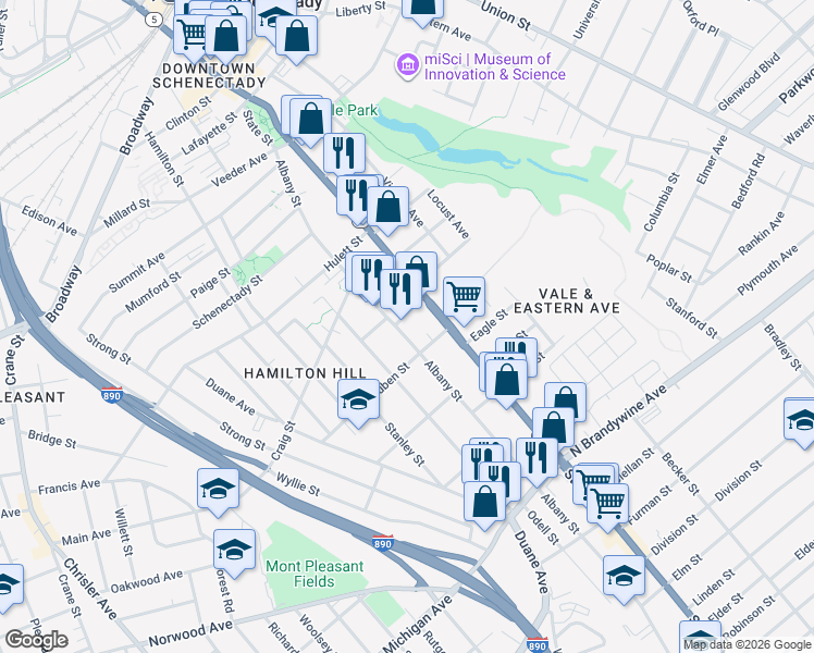 map of restaurants, bars, coffee shops, grocery stores, and more near 21 Martin Street in Schenectady