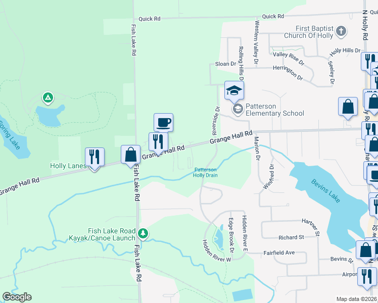 map of restaurants, bars, coffee shops, grocery stores, and more near 3120 Grange Hall Road in Holly