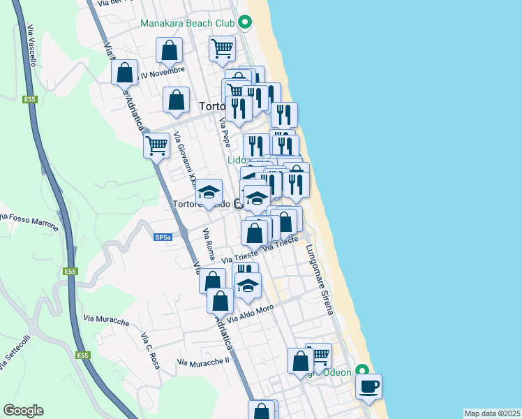 map of restaurants, bars, coffee shops, grocery stores, and more near 1 Via Area di Servizio Tortoreto Est in Tortoreto Lido