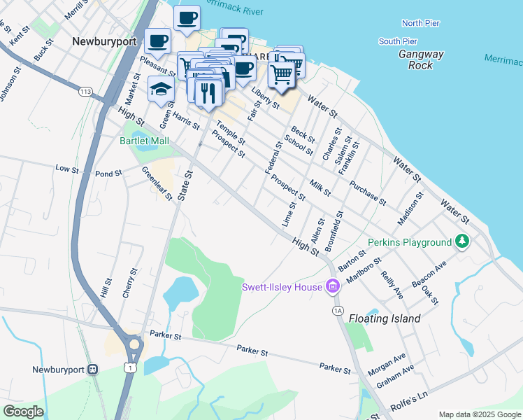 map of restaurants, bars, coffee shops, grocery stores, and more near 75 Federal Street in Newburyport