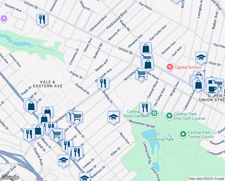 map of restaurants, bars, coffee shops, grocery stores, and more near 526 North Brandywine Avenue in Schenectady