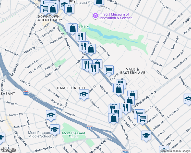 map of restaurants, bars, coffee shops, grocery stores, and more near 21 Martin Street in Schenectady