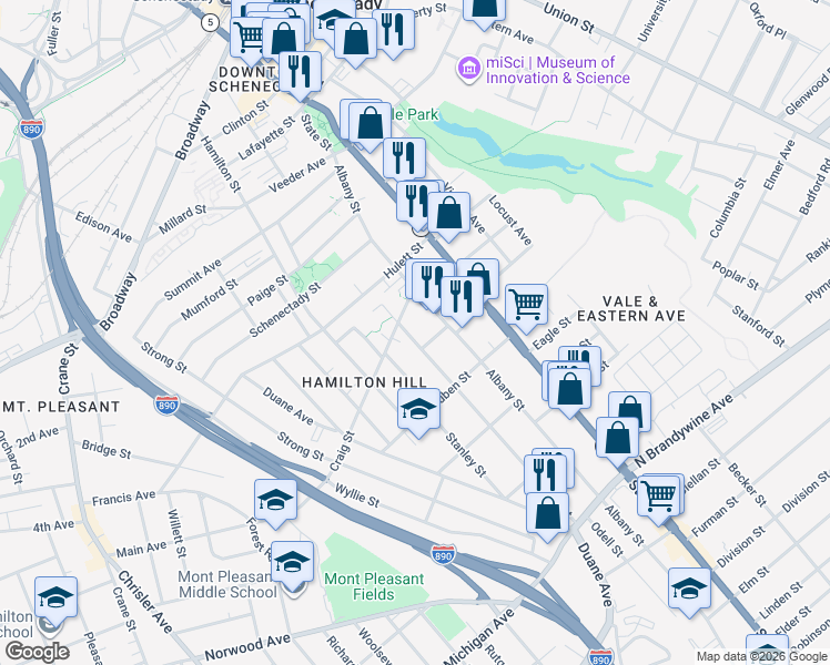 map of restaurants, bars, coffee shops, grocery stores, and more near 864 Albany Street in Schenectady
