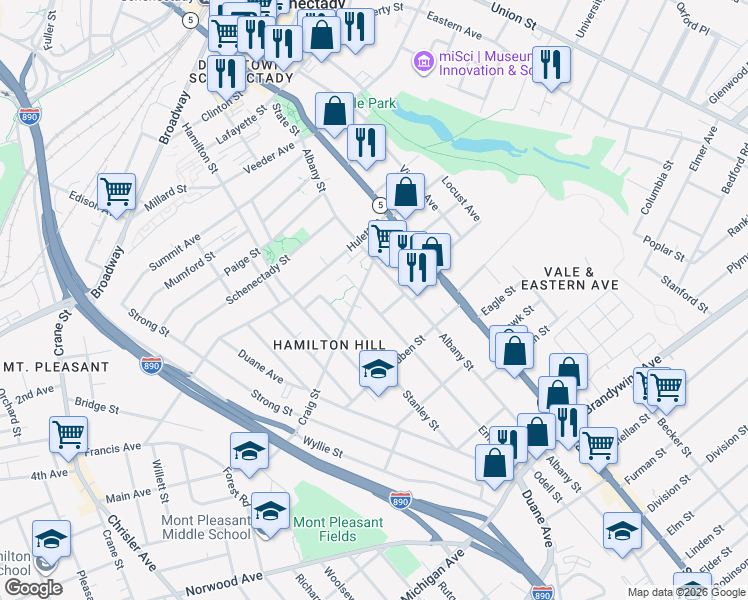 map of restaurants, bars, coffee shops, grocery stores, and more near 864 Albany Street in Schenectady