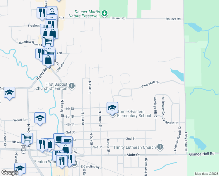 map of restaurants, bars, coffee shops, grocery stores, and more near 675 Cascade Avenue in Fenton
