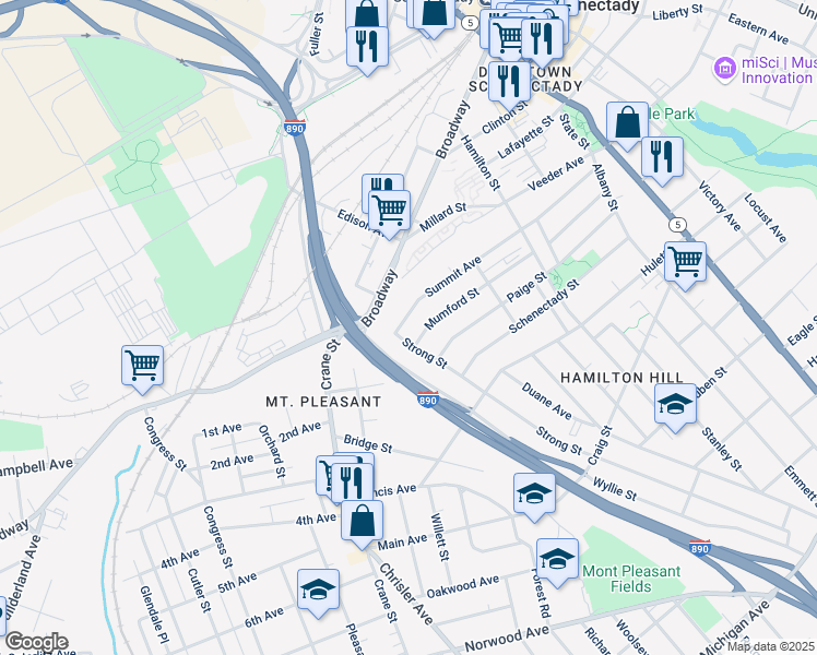 map of restaurants, bars, coffee shops, grocery stores, and more near 553 Summit Avenue in Schenectady