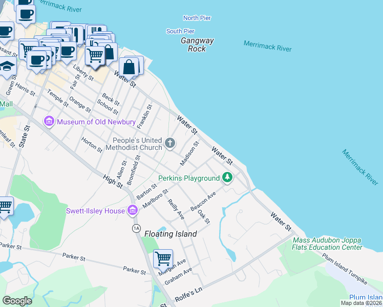 map of restaurants, bars, coffee shops, grocery stores, and more near 9-11 Neptune Street in Newburyport