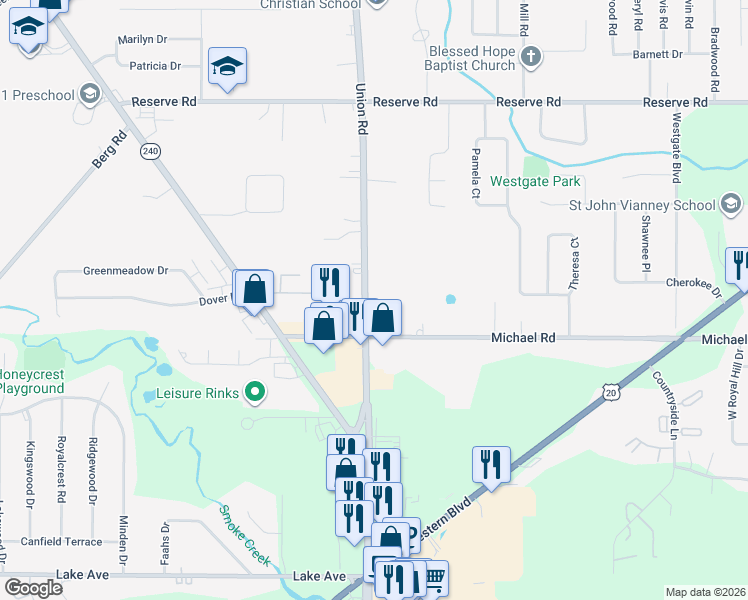 map of restaurants, bars, coffee shops, grocery stores, and more near 193 Union Road in West Seneca