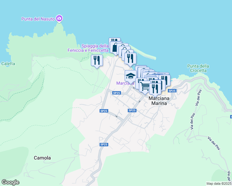 map of restaurants, bars, coffee shops, grocery stores, and more near 18 Via Raffaello Brignetti in Marciana Marina