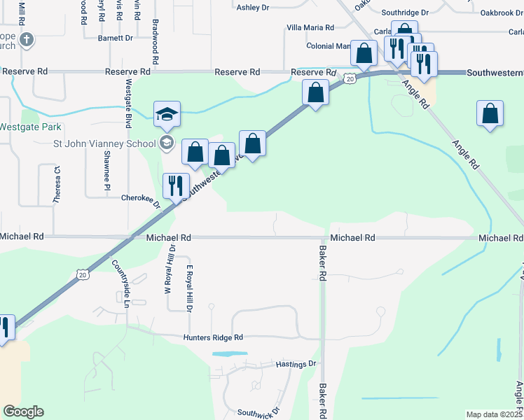 map of restaurants, bars, coffee shops, grocery stores, and more near 7082-7084 Michael Road in Orchard Park