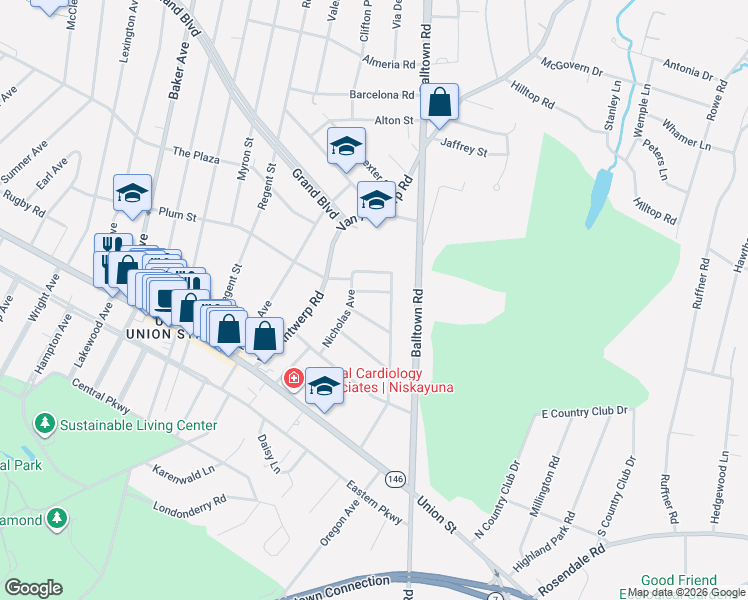 map of restaurants, bars, coffee shops, grocery stores, and more near 1085 Cornelius Avenue in Schenectady County