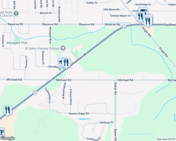 map of restaurants, bars, coffee shops, grocery stores, and more near 7082-7084 Michael Road in Orchard Park