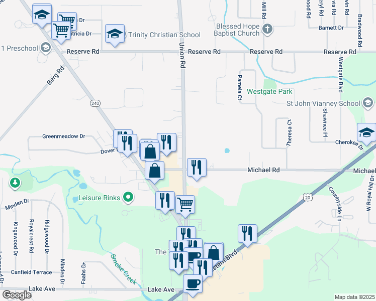 map of restaurants, bars, coffee shops, grocery stores, and more near 193 Union Road in West Seneca