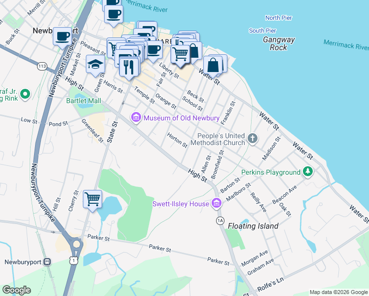 map of restaurants, bars, coffee shops, grocery stores, and more near 80 Lime Street in Newburyport