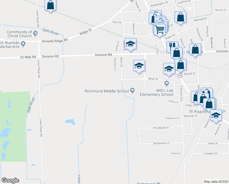 map of restaurants, bars, coffee shops, grocery stores, and more near 68453 Stoecker Lane in Richmond