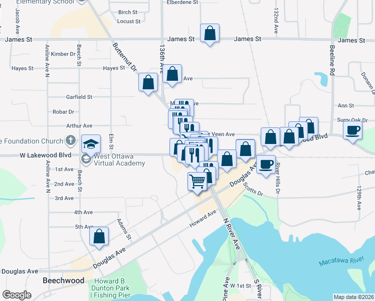 map of restaurants, bars, coffee shops, grocery stores, and more near 147 West Lakewood Boulevard in Holland