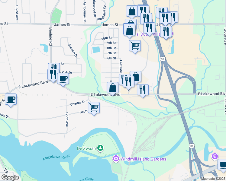 map of restaurants, bars, coffee shops, grocery stores, and more near 333 East Lakewood Boulevard in Holland
