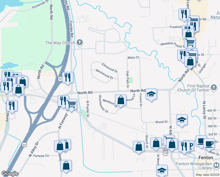 map of restaurants, bars, coffee shops, grocery stores, and more near 817 Southwood Drive in Fenton