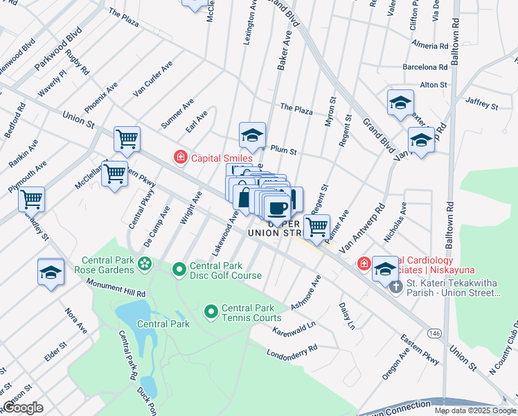 map of restaurants, bars, coffee shops, grocery stores, and more near 1004 Baker Avenue in Schenectady