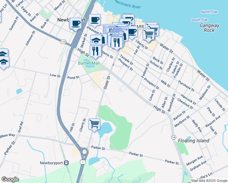 map of restaurants, bars, coffee shops, grocery stores, and more near 2 Wills Lane in Newburyport