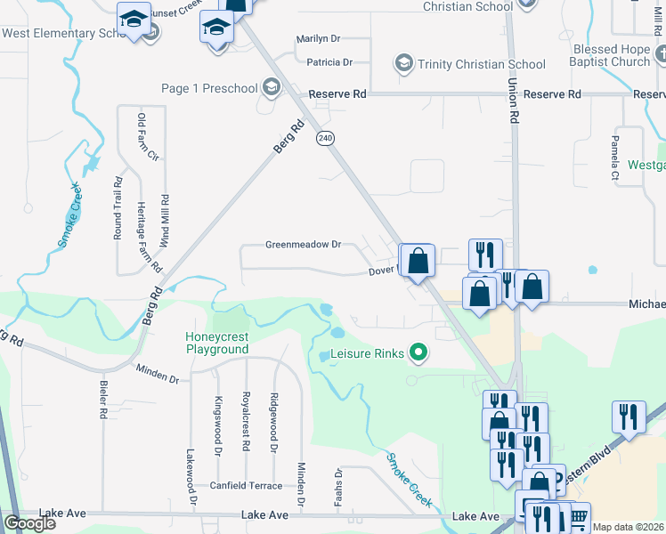 map of restaurants, bars, coffee shops, grocery stores, and more near 116 Dover Drive in Buffalo