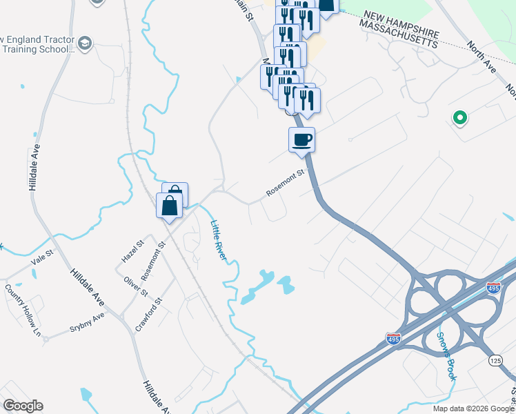 map of restaurants, bars, coffee shops, grocery stores, and more near 58 Rosemont Street in Haverhill