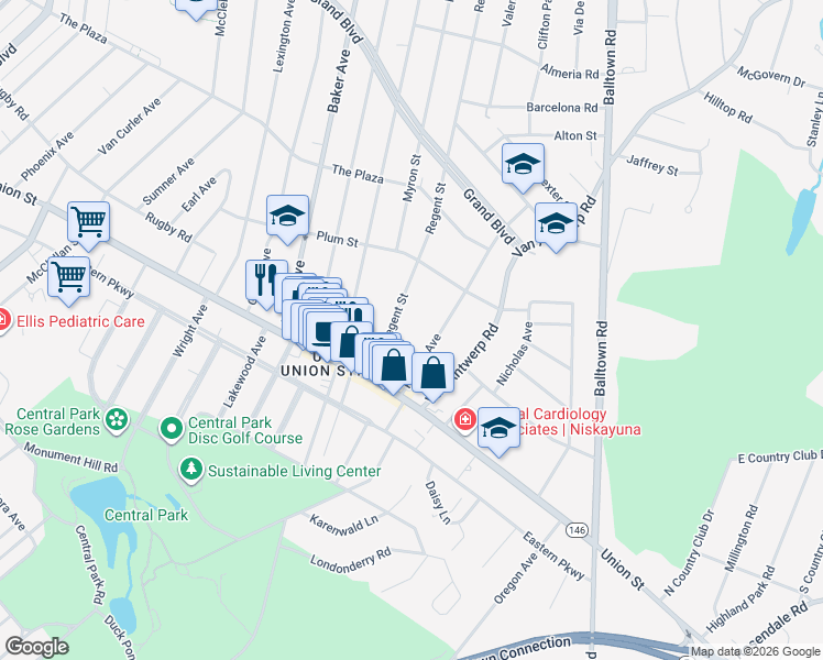 map of restaurants, bars, coffee shops, grocery stores, and more near 1054 Regent Street in Schenectady County