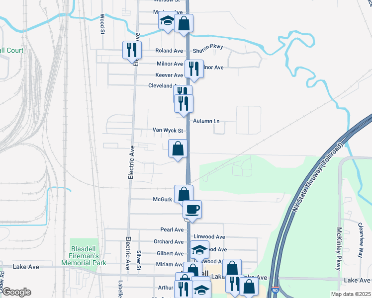 map of restaurants, bars, coffee shops, grocery stores, and more near 3470 South Park Avenue in Buffalo