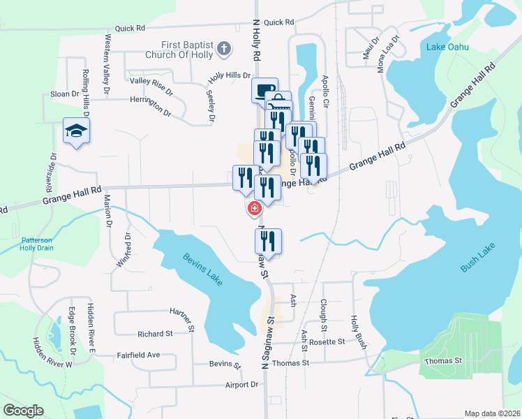 map of restaurants, bars, coffee shops, grocery stores, and more near 1122 North Saginaw Street in Holly
