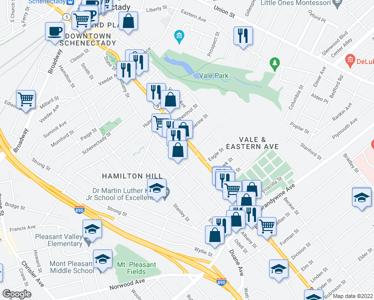 map of restaurants, bars, coffee shops, grocery stores, and more near 917 State Street in Schenectady