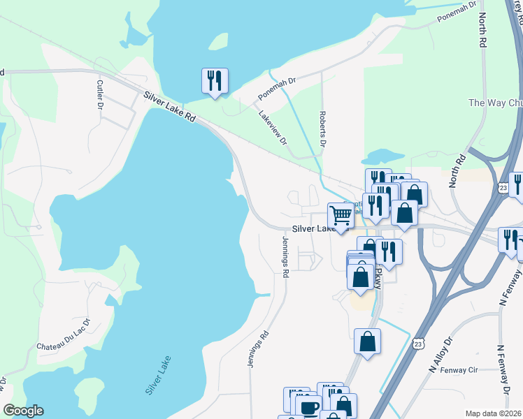 map of restaurants, bars, coffee shops, grocery stores, and more near 3382 West Silver Lake Road in Fenton