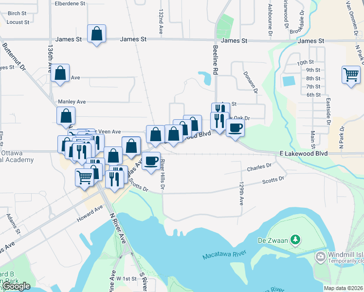 map of restaurants, bars, coffee shops, grocery stores, and more near 56 East Lakewood Boulevard in Holland