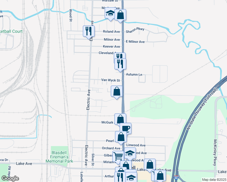 map of restaurants, bars, coffee shops, grocery stores, and more near 3473 South Park Avenue in Buffalo