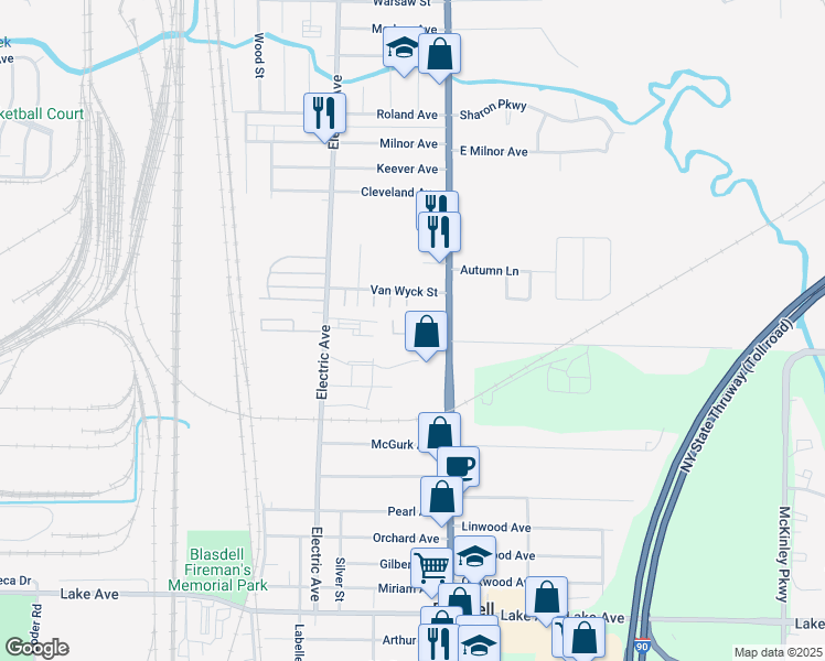 map of restaurants, bars, coffee shops, grocery stores, and more near 3473 South Park Avenue in Buffalo