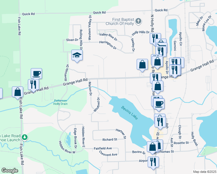 map of restaurants, bars, coffee shops, grocery stores, and more near 1110 Sunset Drive in Holly