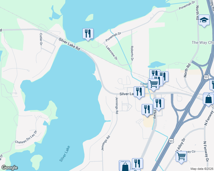map of restaurants, bars, coffee shops, grocery stores, and more near 3382 West Silver Lake Road in Fenton