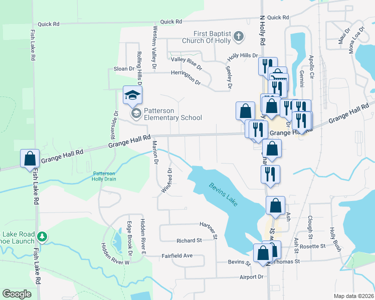 map of restaurants, bars, coffee shops, grocery stores, and more near 1110 Sunset Dr in Holly