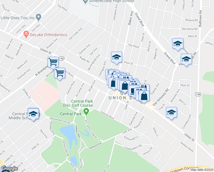 map of restaurants, bars, coffee shops, grocery stores, and more near 1593 Union Street in Schenectady