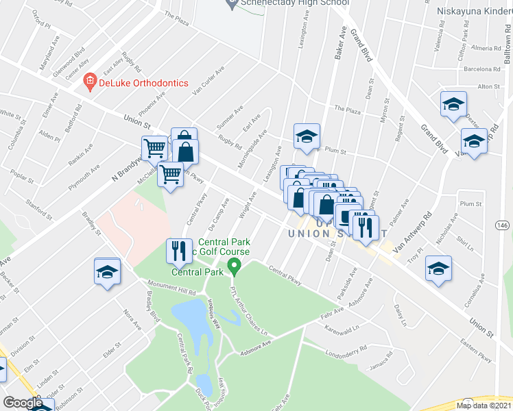 map of restaurants, bars, coffee shops, grocery stores, and more near 1578 Union Street in Schenectady