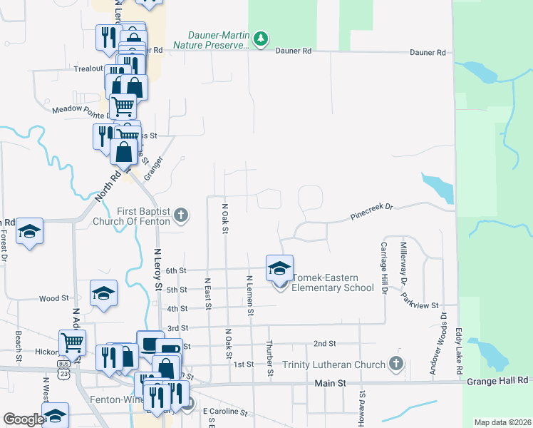 map of restaurants, bars, coffee shops, grocery stores, and more near 675 Cascade Avenue in Fenton