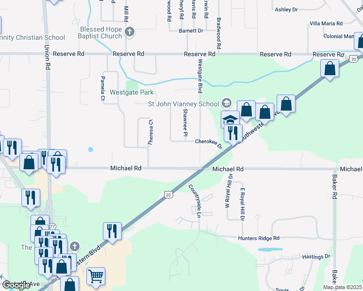 map of restaurants, bars, coffee shops, grocery stores, and more near 36 Cherokee Drive in Buffalo