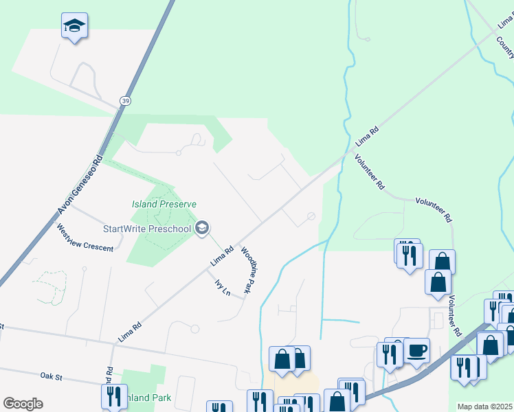 map of restaurants, bars, coffee shops, grocery stores, and more near 2 Melody Ln in Geneseo