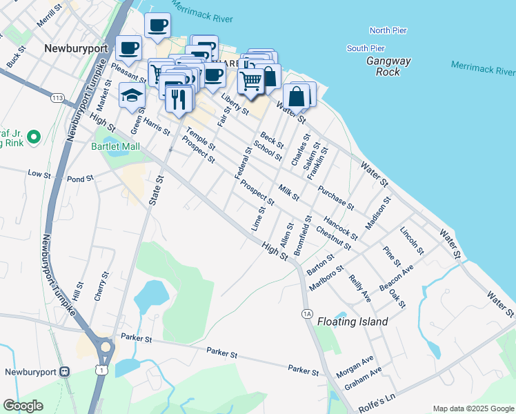 map of restaurants, bars, coffee shops, grocery stores, and more near 82 Lime Street in Newburyport