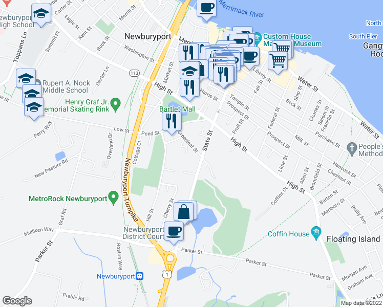 map of restaurants, bars, coffee shops, grocery stores, and more near 0 Greenleaf Street in Newburyport