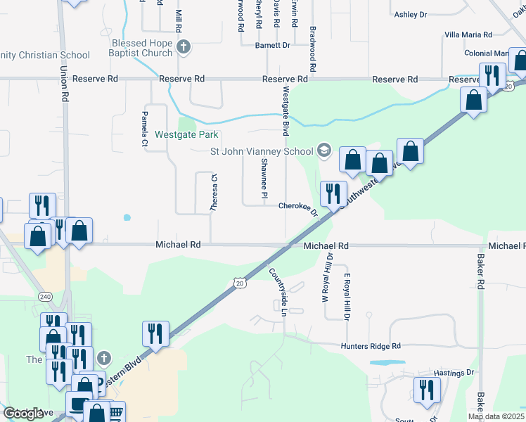 map of restaurants, bars, coffee shops, grocery stores, and more near 36 Cherokee Drive in Buffalo