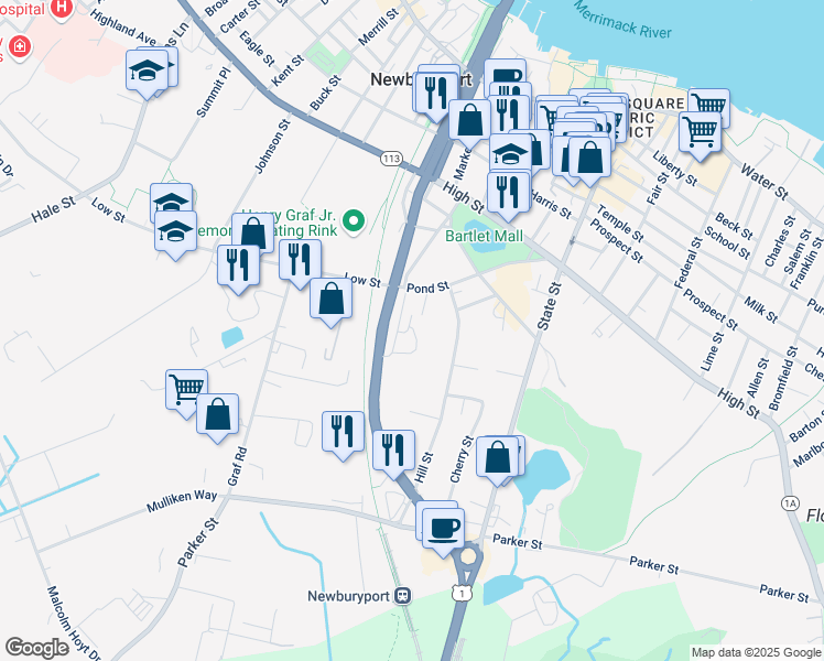 map of restaurants, bars, coffee shops, grocery stores, and more near 9 Cottage Court in Newburyport