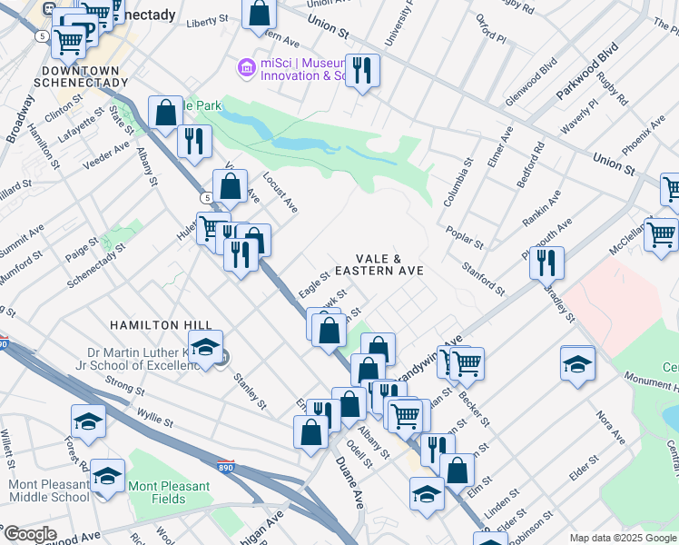 map of restaurants, bars, coffee shops, grocery stores, and more near 31 Eagle Street in Schenectady