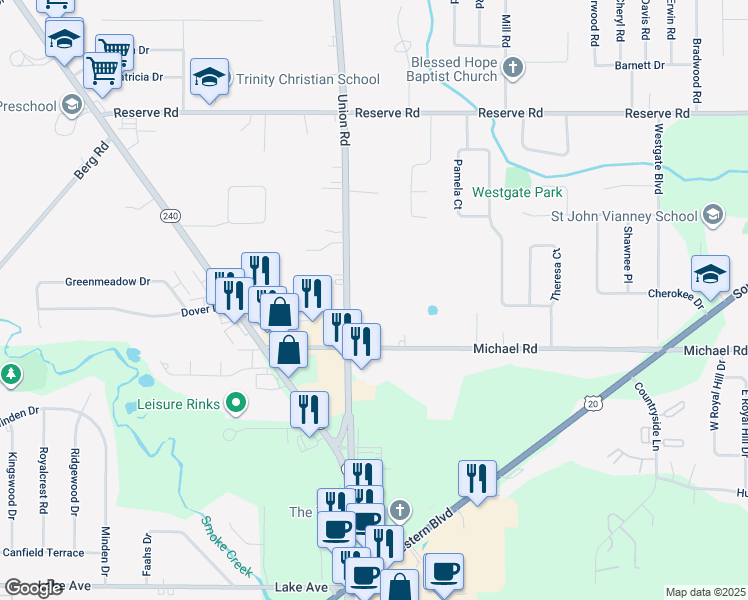 map of restaurants, bars, coffee shops, grocery stores, and more near 193 Union Road in West Seneca